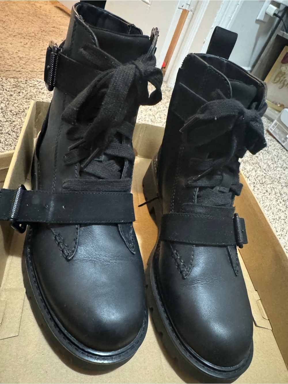 UGG Black Lace-Up Combat Boots with Buckle Strap